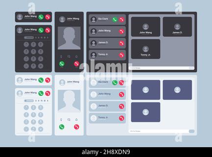Call screen display. Ui interface kit with video decline phone web dialogue frames and icons voicemail windows communication templates garish vector Stock Vector