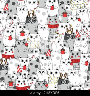 Seamless pattern background cute cat in snow for winter. Doodle style. Can be used for Christmas design. Stock Vector