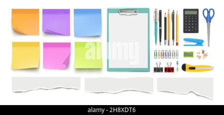 Stationery collection. Realistic pen pencil, notes sheets. Isolated scissors, paper clips and ripped edge pieces vector set Stock Vector