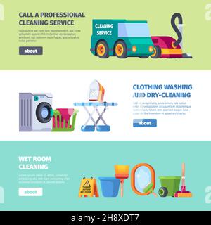 Cleaning service banners. Washing staff laundry tools broom bucket rag iron garish vector design templates Stock Vector