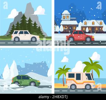 City cars. Urban landscape with various vehicles transport outdoor happy tourism in mountain driving travellers garish vector cartoon background Stock Vector
