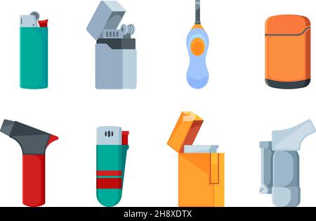 Cigarette lighter. Fire burn equipment flame from hand metal lighter garish vector illustrations in flat style Stock Vector