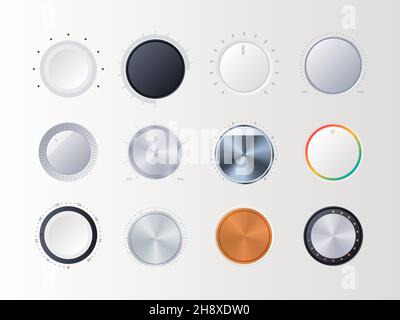 Round volume controllers. Radial amplifier indicators digital sound music tuner items garish vector collections Stock Vector