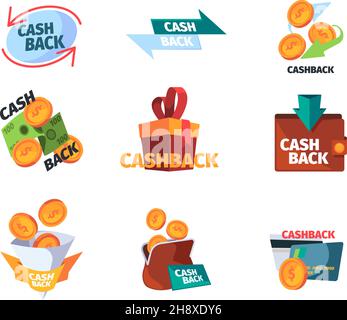 Cash back logo. Promotional stylized logotypes or geometrical abstract badges for ads credit managing services visualization garish vector business Stock Vector