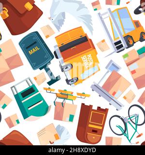Postal seamless. Delivery mail services postal boxes customer packages paper letters garish vector flat background patterns for textile designs Stock Vector