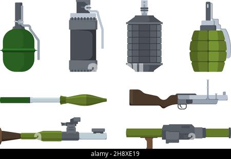 Weapons. Heavy artillery military items grenade launchers bazookas bombs explosives detonators tnt garish vector cartoon weapons collection Stock Vector
