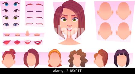Female face constructor. Woman avatar creation kit face parts eyes lips head nose smile emotions exact vector cartoon templates Stock Vector