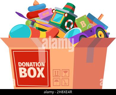 Donation box. Children toys in containers carrying for poor kids support donation for different peoples garish vector cartoon illustrations Stock Vector