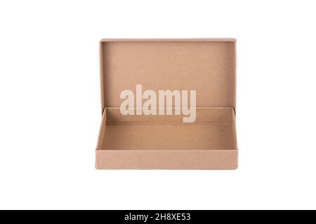 Cardboard box. Opened Kraft paper box isolated on white background. Stock Photo