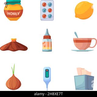Medicamente. Winter viruses prevention method breathing remedy lemon tea drugs sick persons garish vector concept colored icons collection Stock Vector