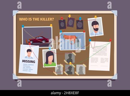 Detective board. Police officer evidence photo check board with sticky pictures justice garish vector background in flat style Stock Vector