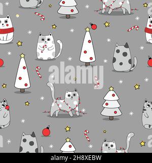 Seamless pattern background cute cat in snow for winter. Doodle style Stock Vector