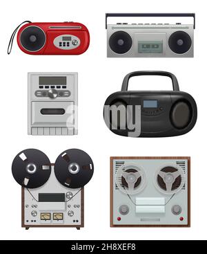 Vintage recorders. 80s music stuff portable audio gadgets reciever with tape reel recorders decent vector illustrations collection isolated Stock Vector