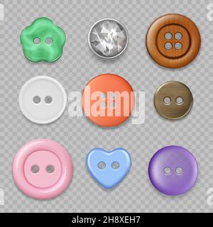 Tailor buttons. Colored clothes buttons closeup textile accessories fabric fashioned craft round items decent vector realistic pictures set Stock Vector
