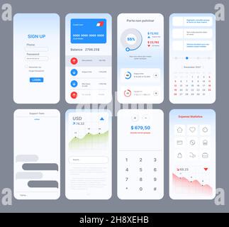 Web page templates. App design for user easy experience online digital interface symbols slider frames navigation bar search dividers icons garish Stock Vector