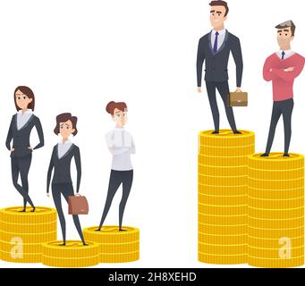 Gender gap inequality. Woman man salary gaps. Difference wage. Business people stand on golden coin stacks vector illustration Stock Vector