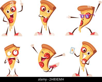 Pizza characters. Fast food products happy cartoon persons in action poses styling food exact vector illustrations for ads templates Stock Vector