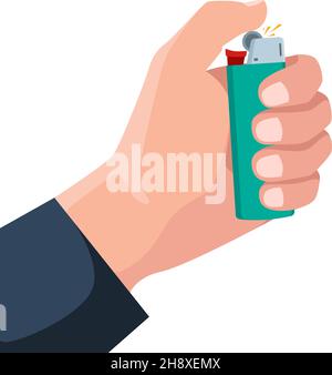 Hand lighter. Man holding in hand fire gas flame lighter for cigarettes garish vector flat picture concept background Stock Vector