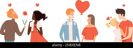 Multicultural couple in love. People hugging, kisses characters. Family, boyfriend hug girlfriend vector characters Stock Vector