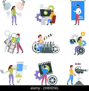 Video production. Filmmaker characters shooting and filming on cameras videography multimedia concept pictures garish vector collection of flat Stock Vector