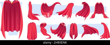 Hero cape. Red clothes textile stuff for superheroes textile suits exact vector cartoon templates collection Stock Vector