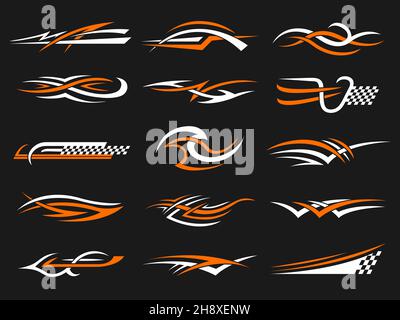 Car stripes. Vinyl stylized graphics templates symbols of flame geometrical shapes racing motorcycle club designs recent vector set Stock Vector