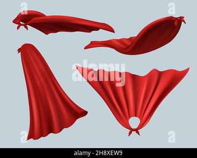 Hero red cape. Masquerade textile costume cape from silk fashion clothes with creases templates for superheroes decent vector realistic mockup Stock Vector