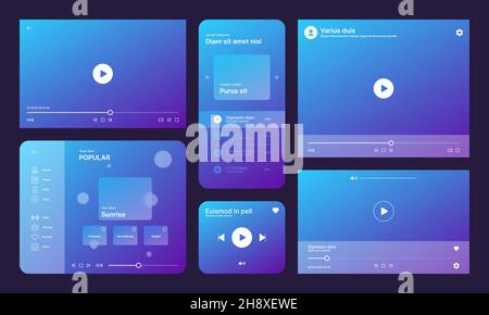 Audio player ui. Video media ux interface template app icons garish vector web design illustrations collection set Stock Vector