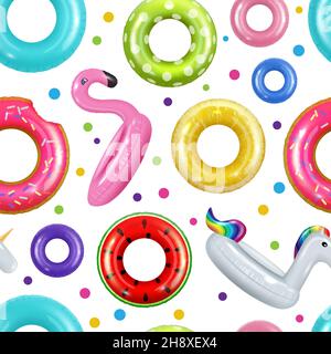 Donuts pattern. Inflatable swimming rings rubber summer toys for pool attractions decent vector seamless background Stock Vector