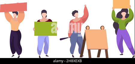 Women with placards. Female characters holding blank posters, isolated people on demonstration vector set Stock Vector