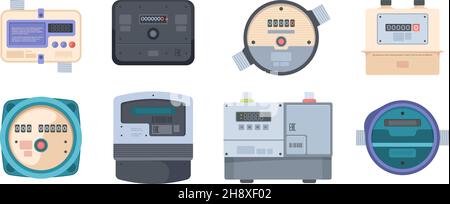 Water meters. Gas and liquids measurements control box devices counters display garish vector systems set Stock Vector