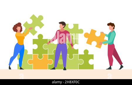 Business puzzle. Characters collect jigsaw successful business team solution cooperative consulting people helping garish vector puzzle flat Stock Vector