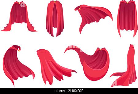 Superhero red cape. Comic textile clothes silk suits for power heroes exact vector illustrations collection Stock Vector