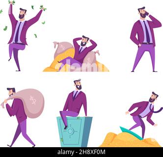 Rich man. Millionaire businessman with self treasures money dollars happy lifestyle exact vector characters in action poses Stock Vector