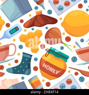 Medical pattern. Flu prevention protection drugs symbols medical pills lemon onion ginger garish vector seamless colored background Stock Vector