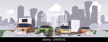 Air pollution from car. Smoke environment industrial traffic save ecology garish vector pollution urban landscape in cartoon style Stock Vector