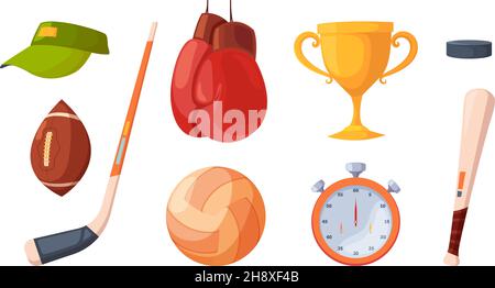 Sport activities. Fitness gym equipment athletic balls shoe for active cardio exercises barbells dumbbells garish vector pictures in flat style Stock Vector