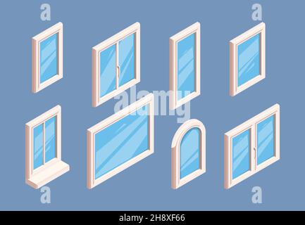 Window isometric. Industrial aluminium white frames for glasses room indoor window corners garish vector 3d templates collection Stock Vector