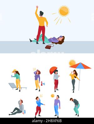 Summer warm person. Hot body sweaty tired unhealthy people in sunlight time outdoor characters with high temperature garish vector flat illustrations Stock Vector