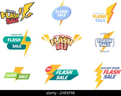 Flash sale. Holiday lighting text promotional countdown banners and badges for hot advertising garish vector templates collection Stock Vector