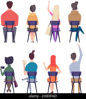 Students back. Teenagers college people sitting on chairs in lecture room education characters exact vector flat persons back view Stock Vector