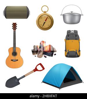 Camping elements. Realistic campfire tent guitar backpack for travellers decent vector set pictures collection adventures symbols Stock Vector