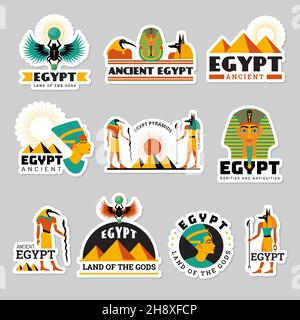 Egypt labels. Pyramid sphinx ancient travel symbols statue in desert recent vector graphic illustration badges templates Stock Vector