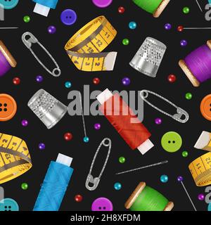 Sewing pattern. Thread reels needles scissors sewing machine measure tape decent vector seamless background with tailor hobby supplies Stock Vector