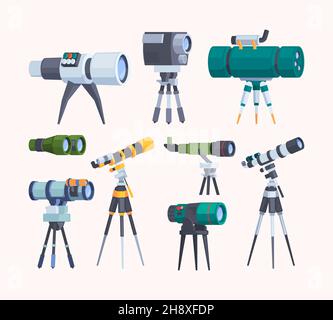 Optical tools. Equipment photographers telescope binoculars tools for outdoor exploring observation scientists items garish vector collection Stock Vector
