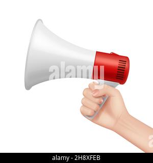 Megaphone in hand. Lifeguard talking in loud speaker businessman holding megaphone and speaking about ads announce alarm voice decent vector template Stock Vector