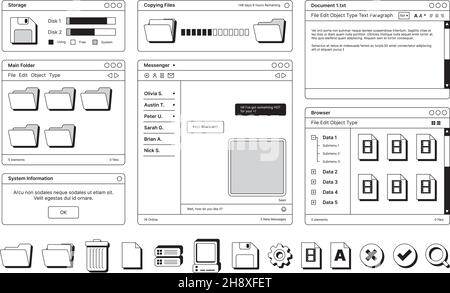 Web pages layout templates in retro style digital screen symbols icons dividers frames banners buttons garish vector flat illustration Stock Vector