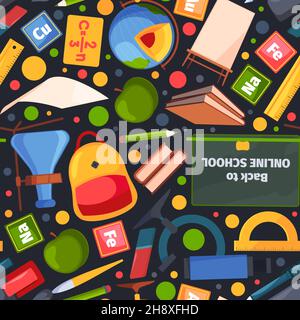 Back to school pattern. Education symbols books digital devices computers apple notebooks pencils for distance education garish vector seamless Stock Vector