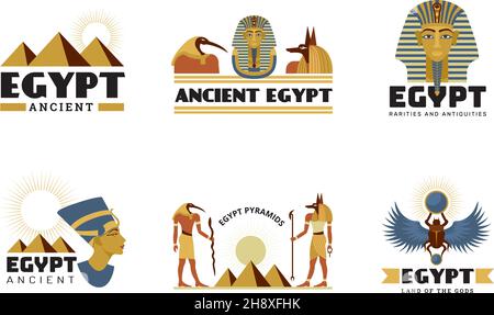 Egypt stickers. Ancient monuments sphinx statue pyramid desert travel symbols recent vector stylized labels Stock Vector