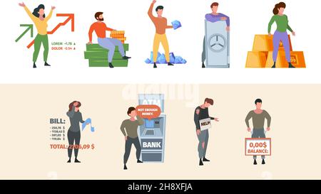 Poor millionaire. Business unhappy people growth money rich abundance financial opportunities problem with cash garish vector flat illustrations Stock Vector